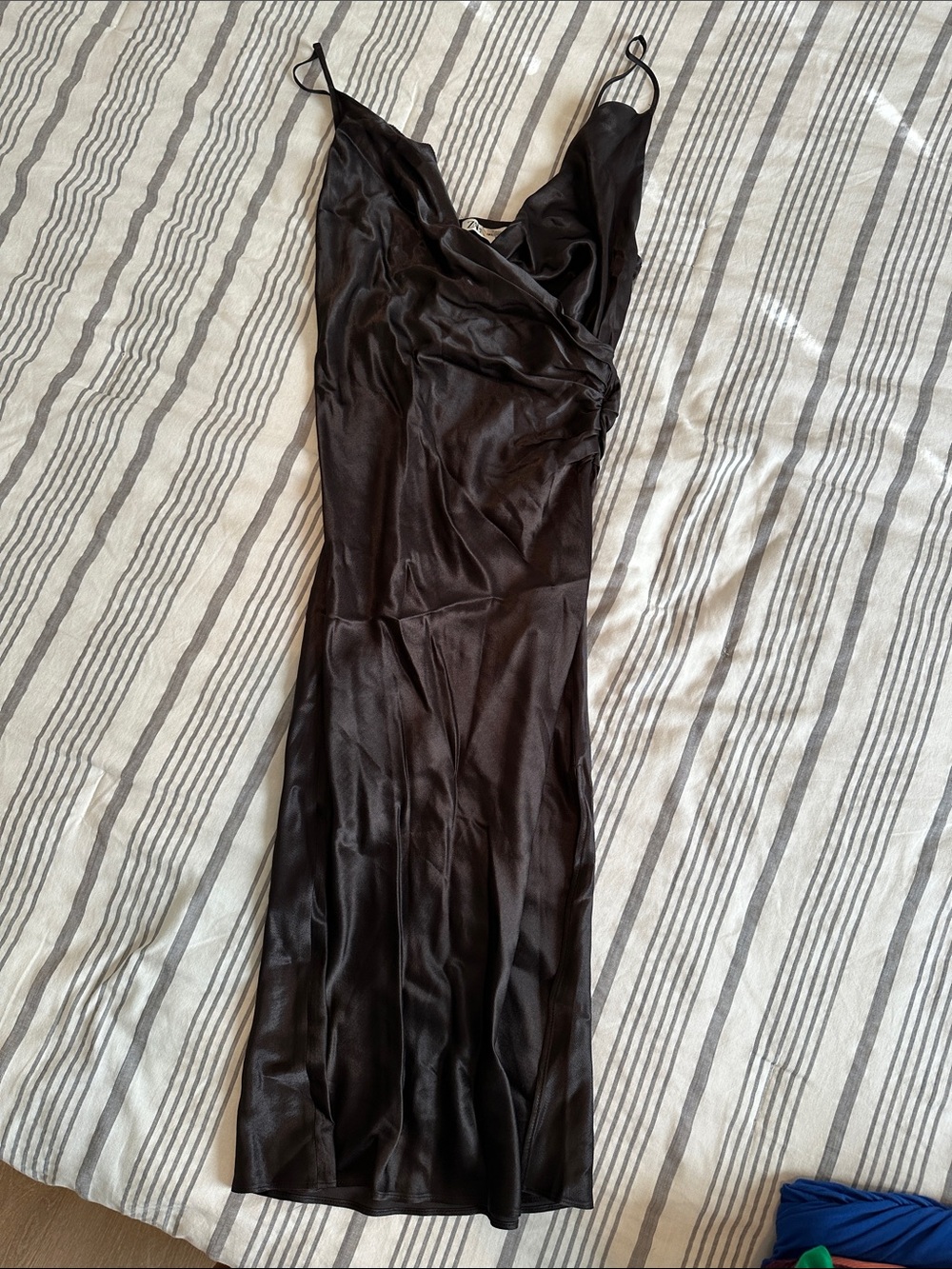 Zara Satin V-neck Midi Slip Dress Black Small Like New